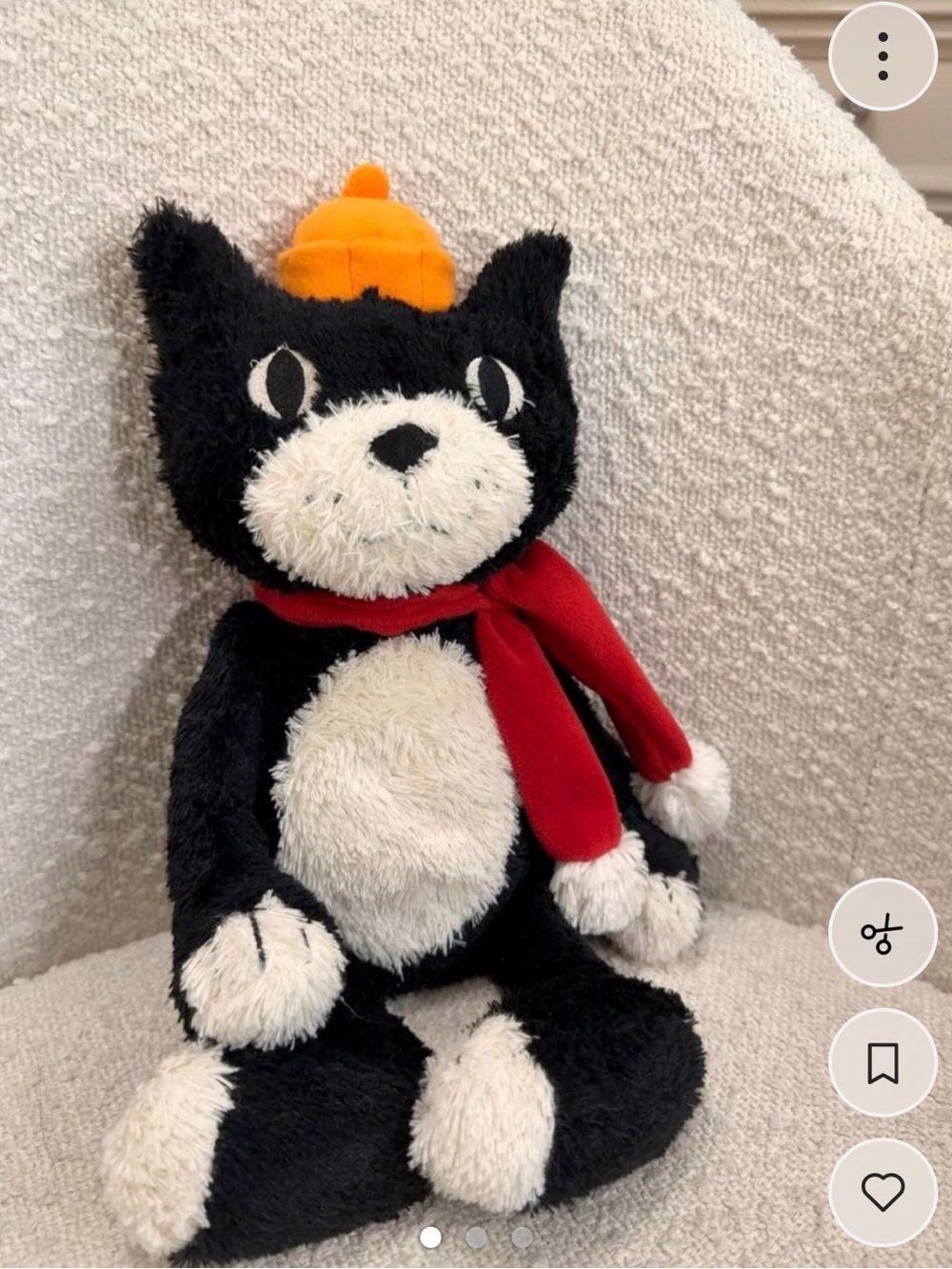 Jellycat Jack Black & White Plush Cat Dog Toy with Red Scarf and Orange Hat